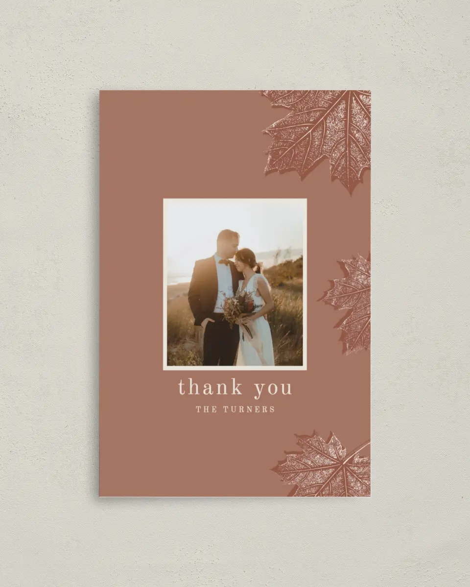 This is a 4" x 6" Folded Thank You Card called Turning Leaves printed in full color on Premium Smooth paper