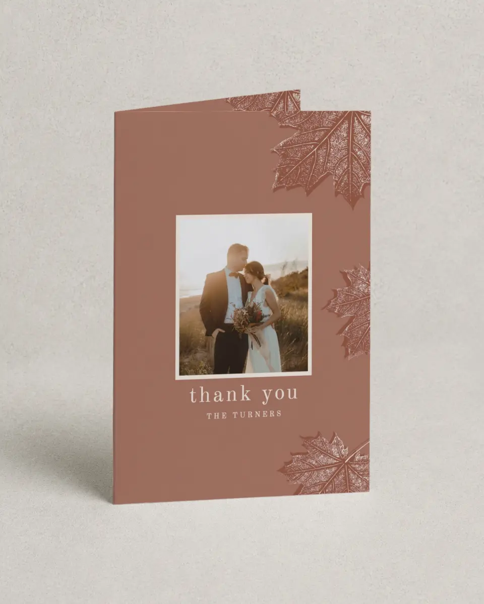 This is a 4" x 6" Folded Thank You Card called Turning Leaves printed in full color on Premium Smooth paper