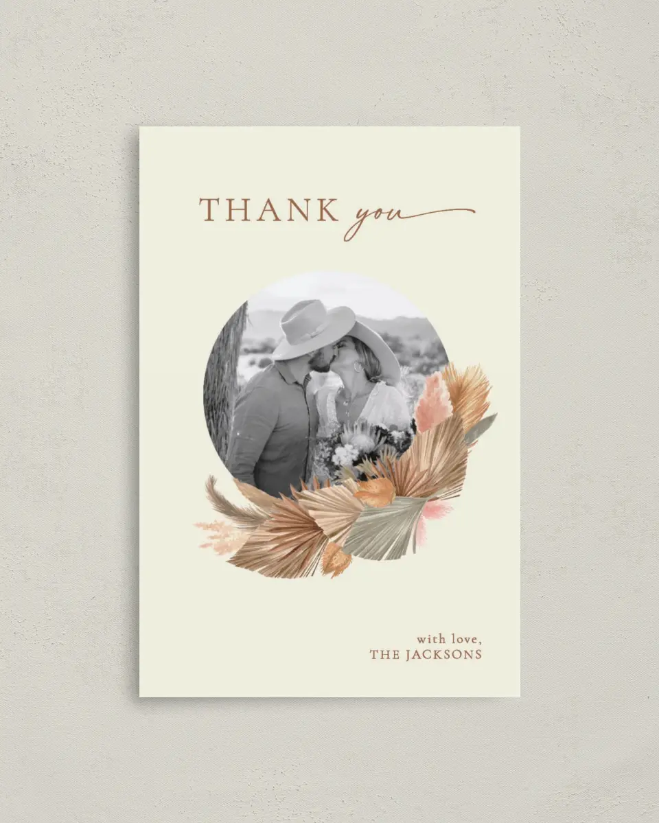 This is a 4" x 6" Folded Thank You Card called Sandy Fronds printed in full color on Premium Smooth paper