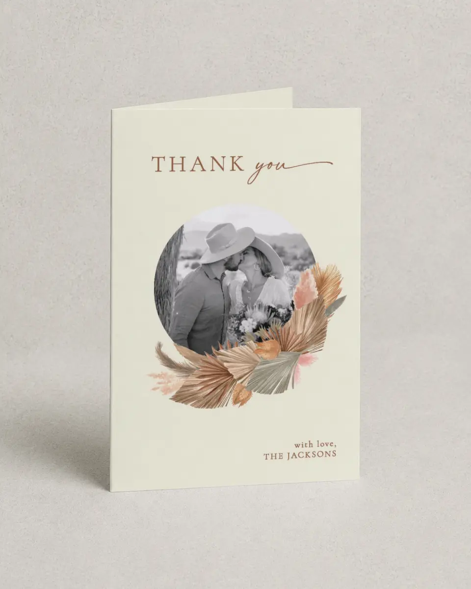 This is a 4" x 6" Folded Thank You Card called Sandy Fronds printed in full color with Silver foil on Luxe Satin (coated) paper