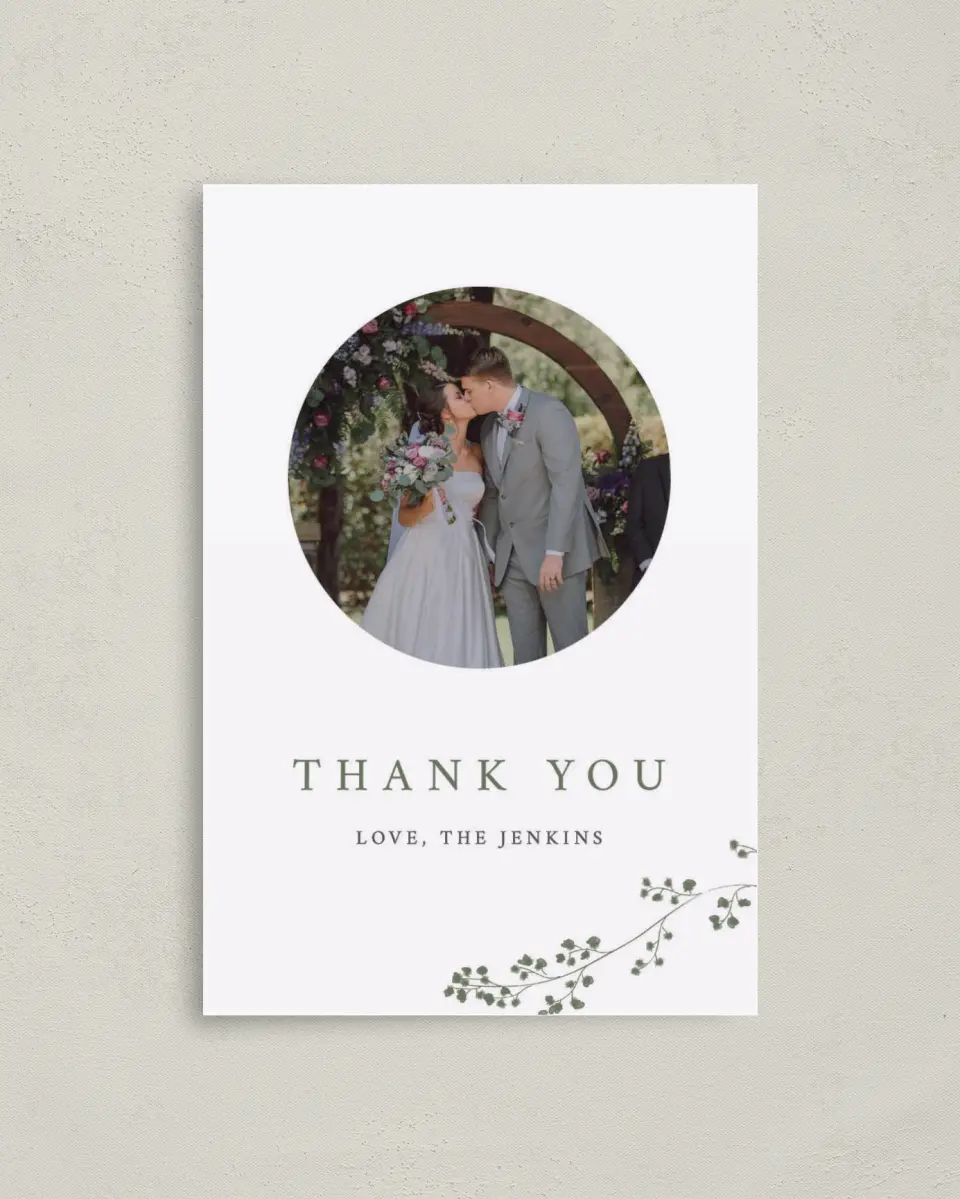 This is a 4" x 6" Folded Thank You Card called Fresh Tendrils printed in full color on Premium Smooth paper