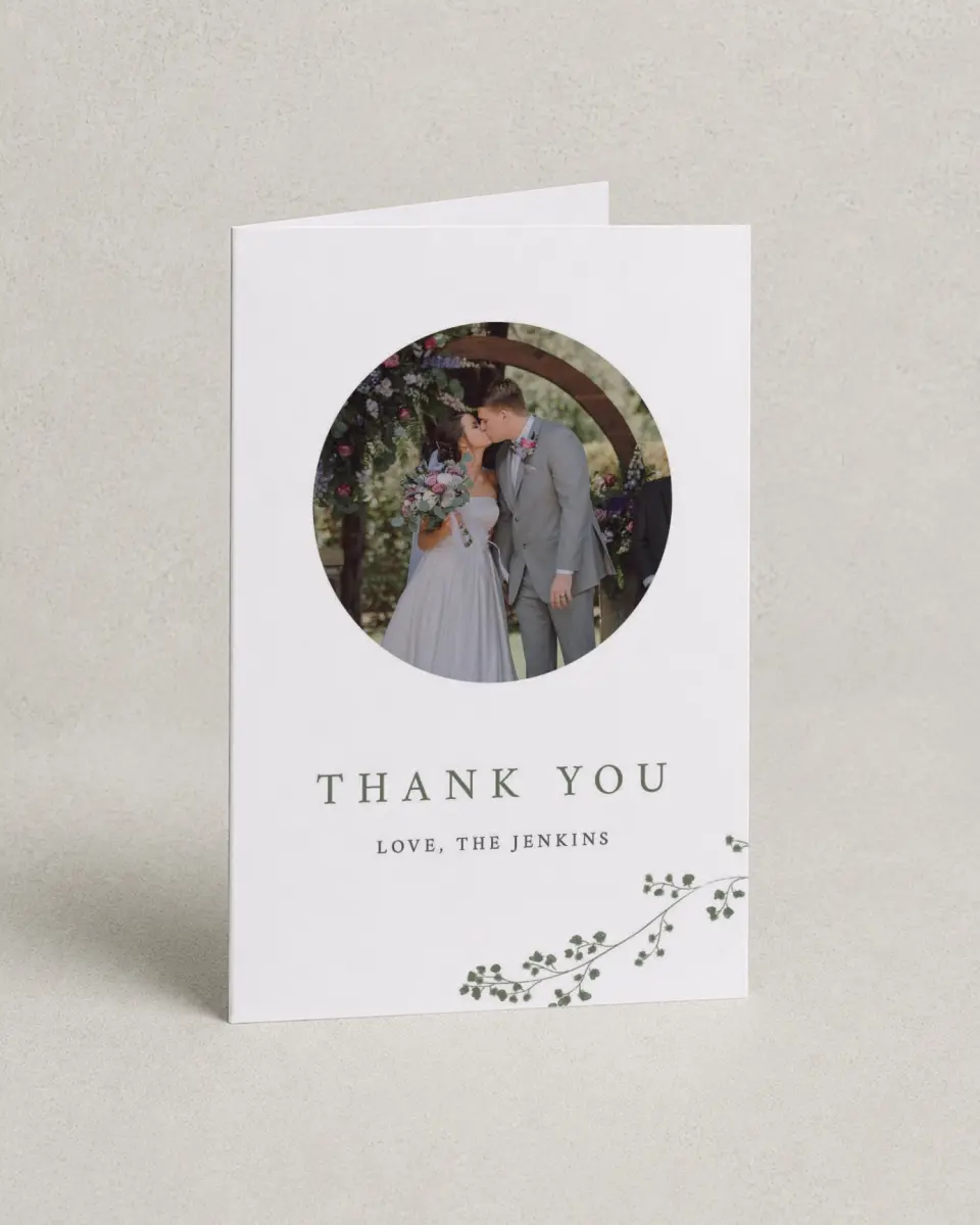 This is a 4" x 6" Folded Thank You Card called Fresh Tendrils printed in full color on Premium Smooth paper