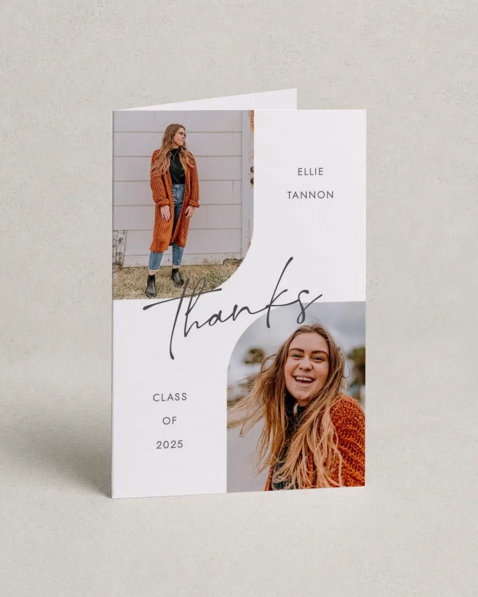This is a 4" x 6" Folded Graduation Thank You Card called Commencement Corners printed in full color on Premium Smooth paper