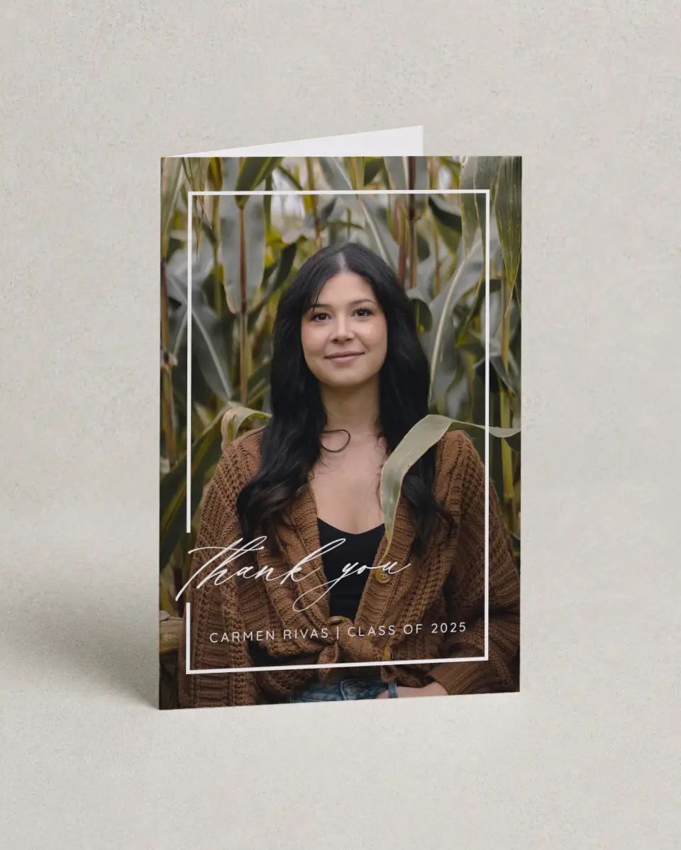 This is a 4" x 6" Folded Graduation Thank You Card called Brilliant Border printed in full color with Rose Gold foil on Luxe Satin (coated) paper