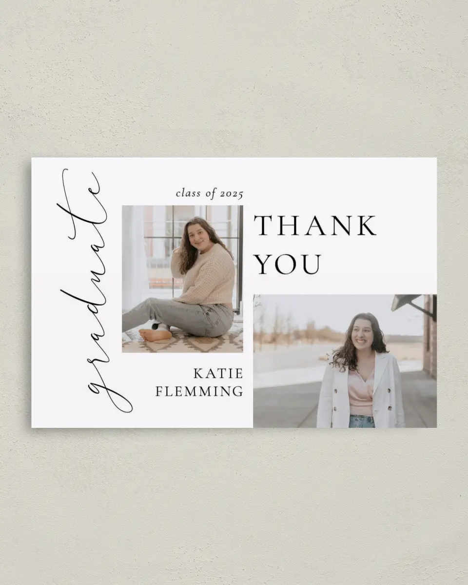 This is a 4" x 6" Folded Graduation Thank You Card called Chic Three printed in full color on Premium Smooth paper