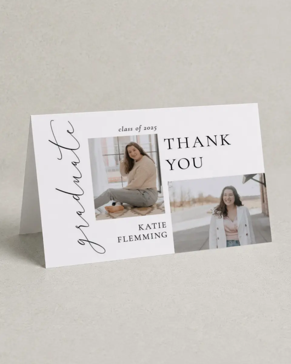 This is a 4" x 6" Folded Graduation Thank You Card called Chic Three printed in full color on Premium Smooth paper