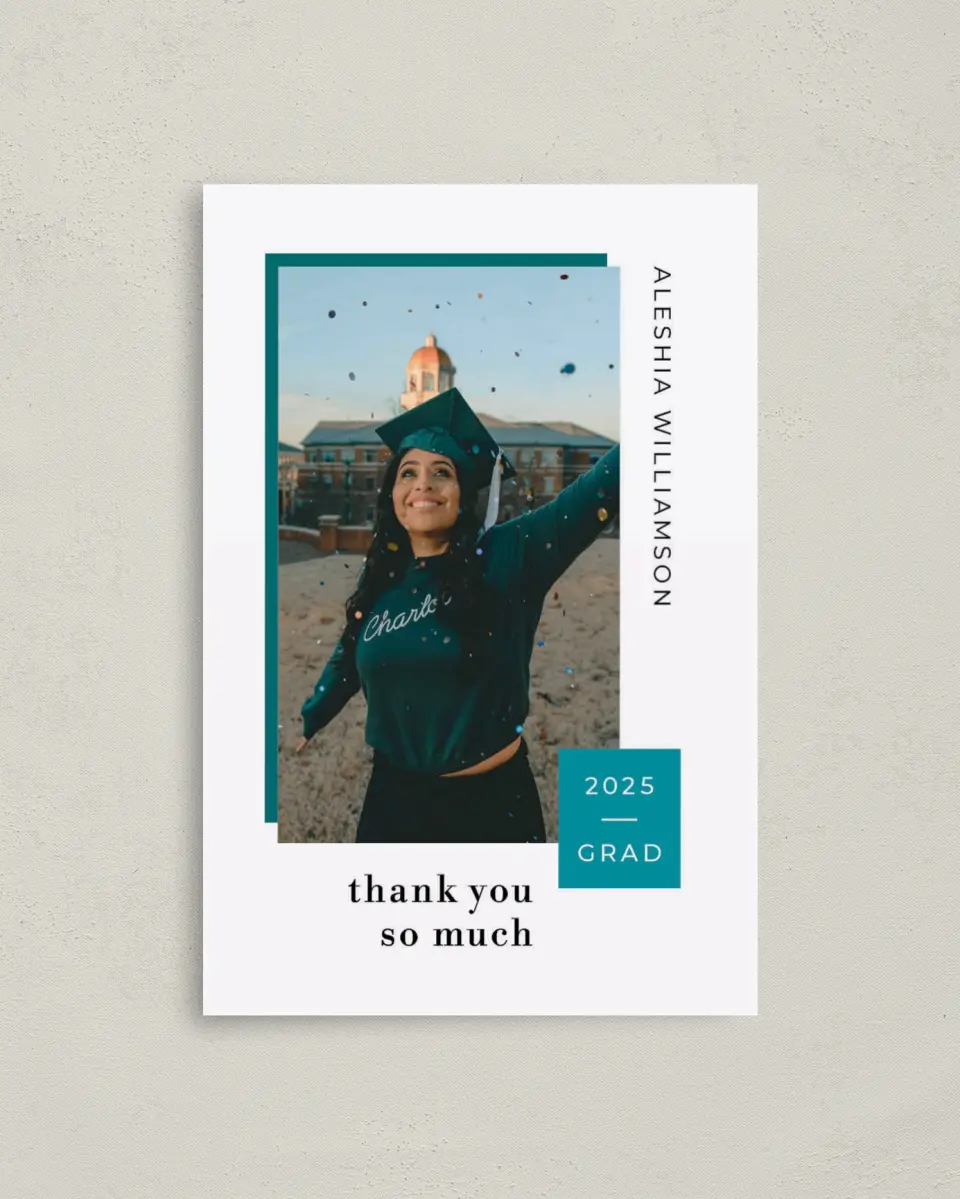 This is a 4" x 6" Folded Graduation Thank You Card called Fun Celebration printed in full color on Premium Smooth paper