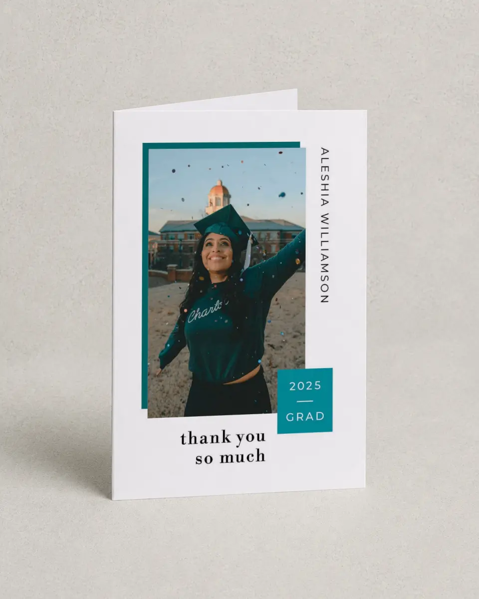 This is a 4" x 6" Folded Graduation Thank You Card called Fun Celebration printed in full color with Gold foil on Luxe Satin (coated) paper