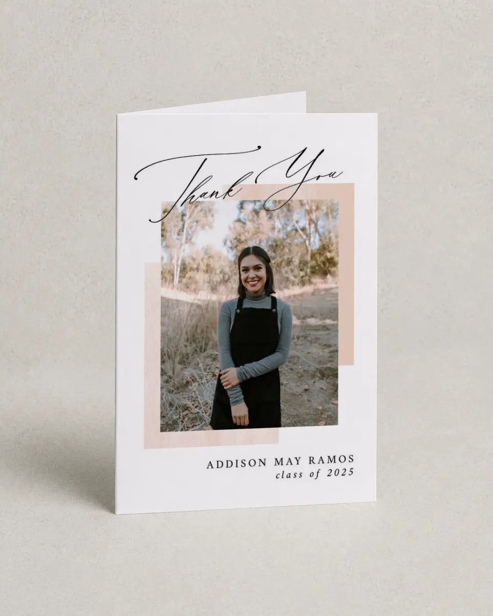 This is a 4" x 6" Folded Graduation Thank You Card called Cute Commencement printed in full color with Rose Gold foil on Luxe Satin (coated) paper