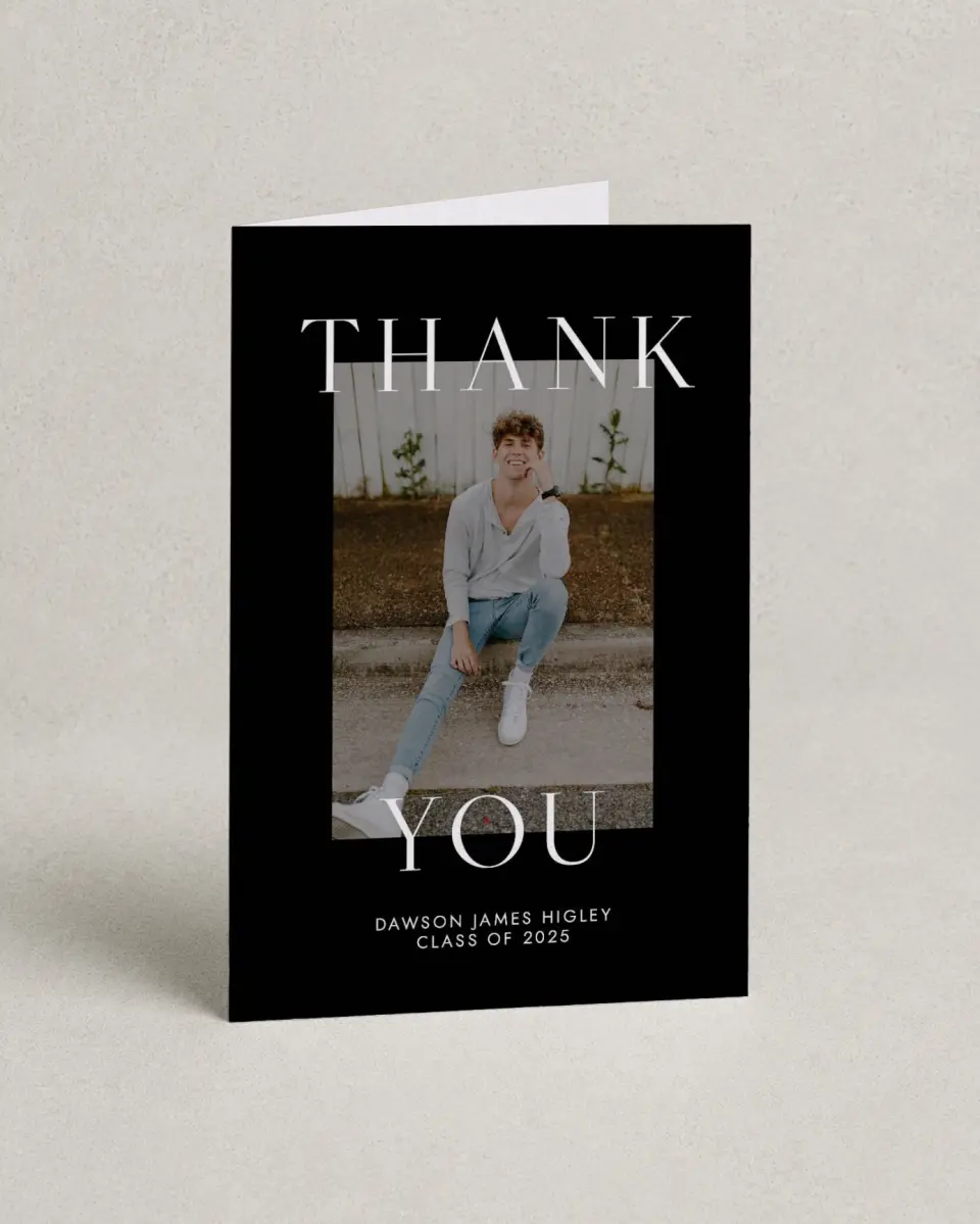 This is a 4" x 6" Folded Graduation Thank You Card called Cool Class printed in full color with Rose Gold foil on Luxe Satin (coated) paper
