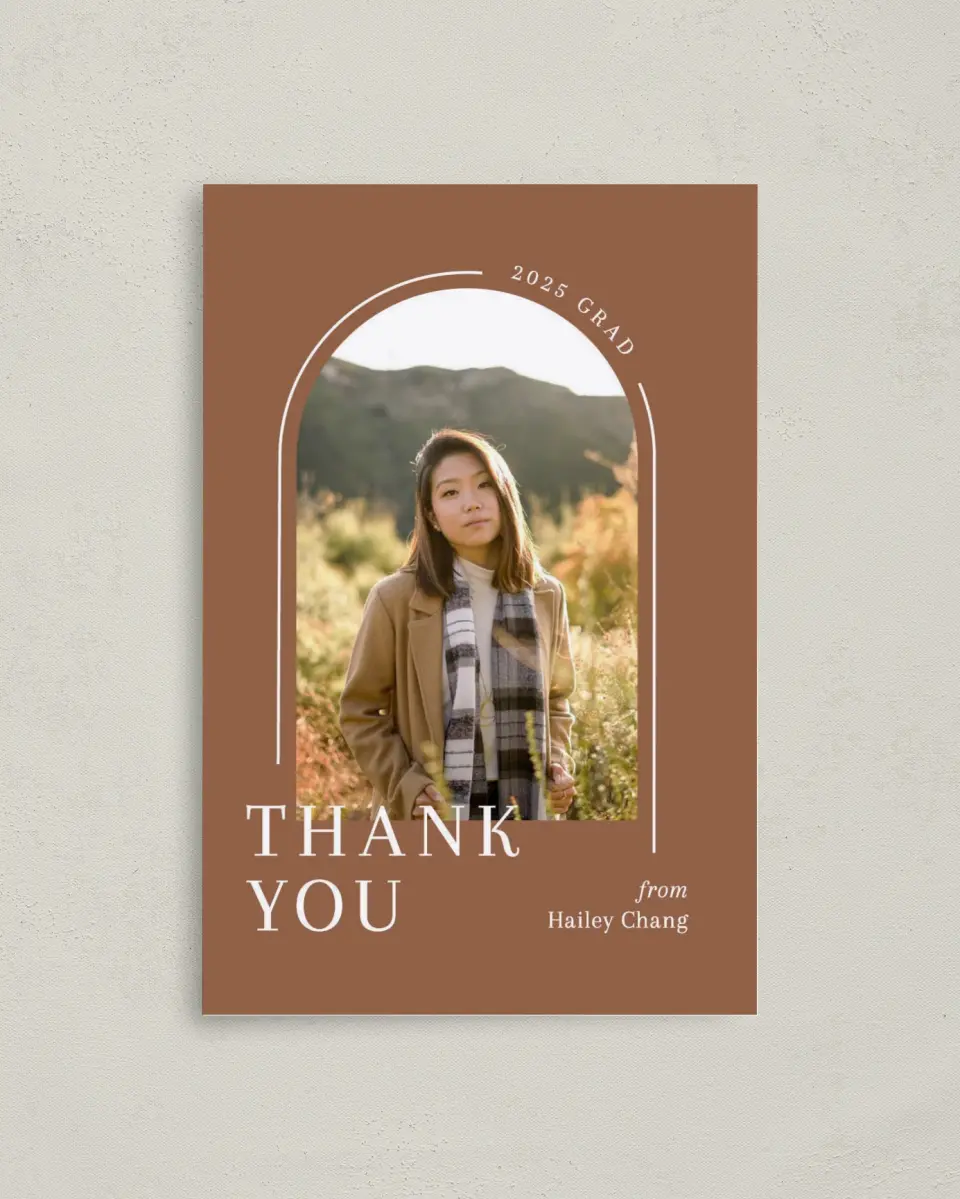 This is a 4" x 6" Folded Graduation Thank You Card called Arched Grad printed in full color on Premium Smooth paper