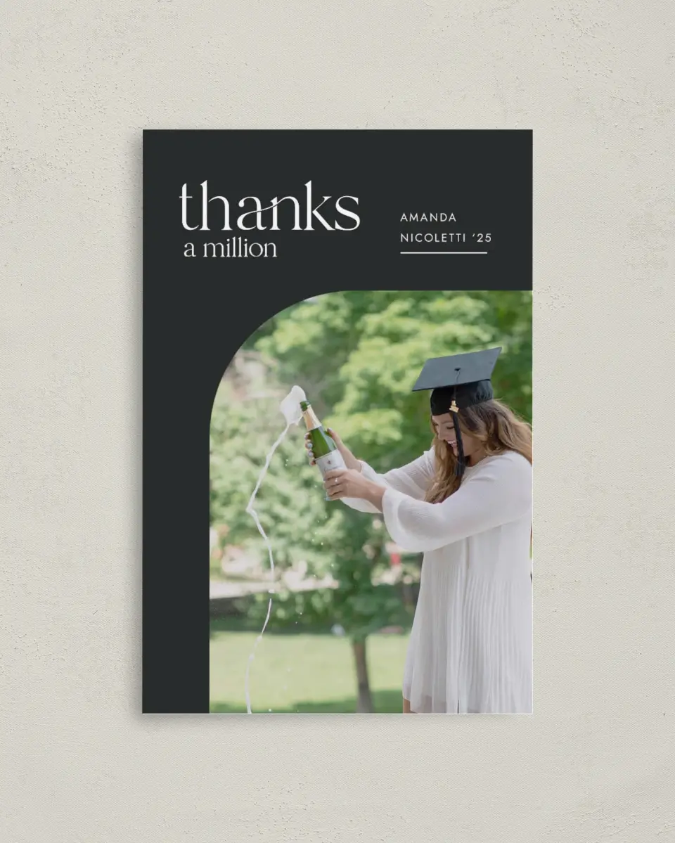 This is a 4" x 6" Folded Graduation Thank You Card called Cheers Grad printed in full color on Premium Smooth paper