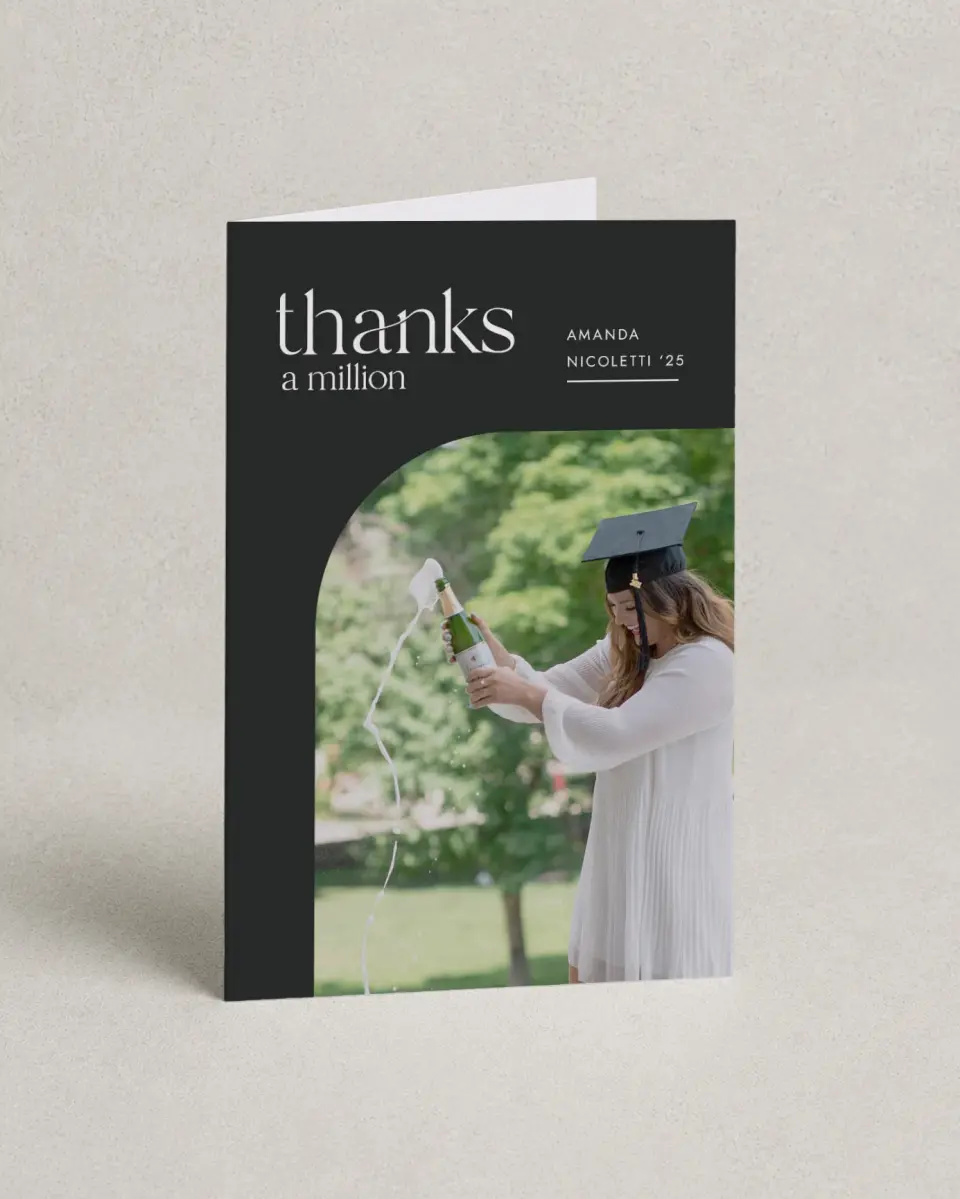 This is a 4" x 6" Folded Graduation Thank You Card called Cheers Grad printed in full color on Premium Smooth paper