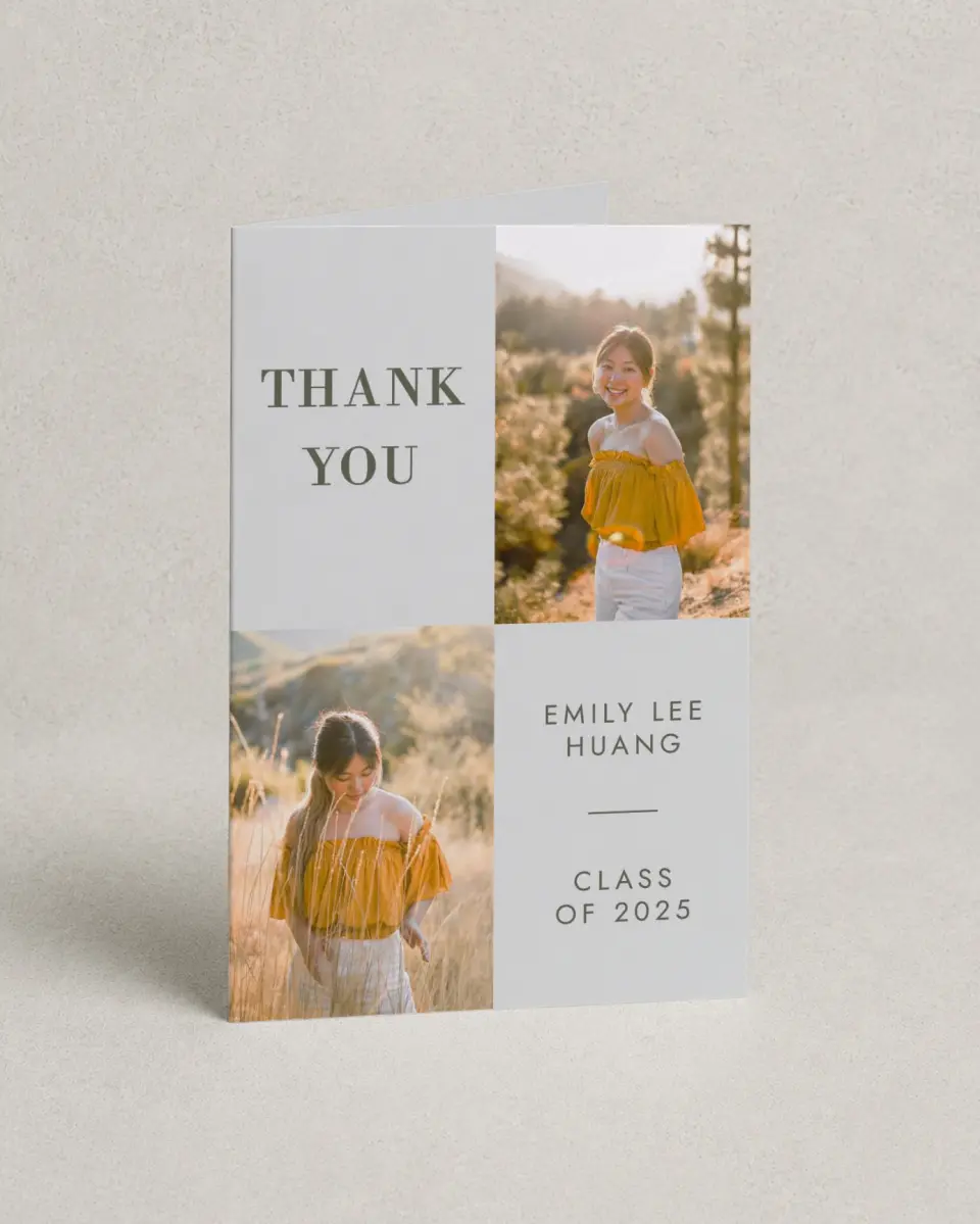 This is a 4" x 6" Folded Graduation Thank You Card called Star Student printed in full color with Gold foil on Luxe Satin (coated) paper