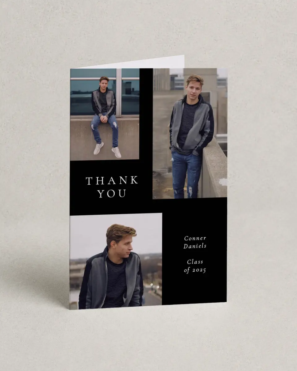 This is a 4" x 6" Folded Graduation Thank You Card called Graduate Grid printed in full color with Gold foil on Luxe Satin (coated) paper