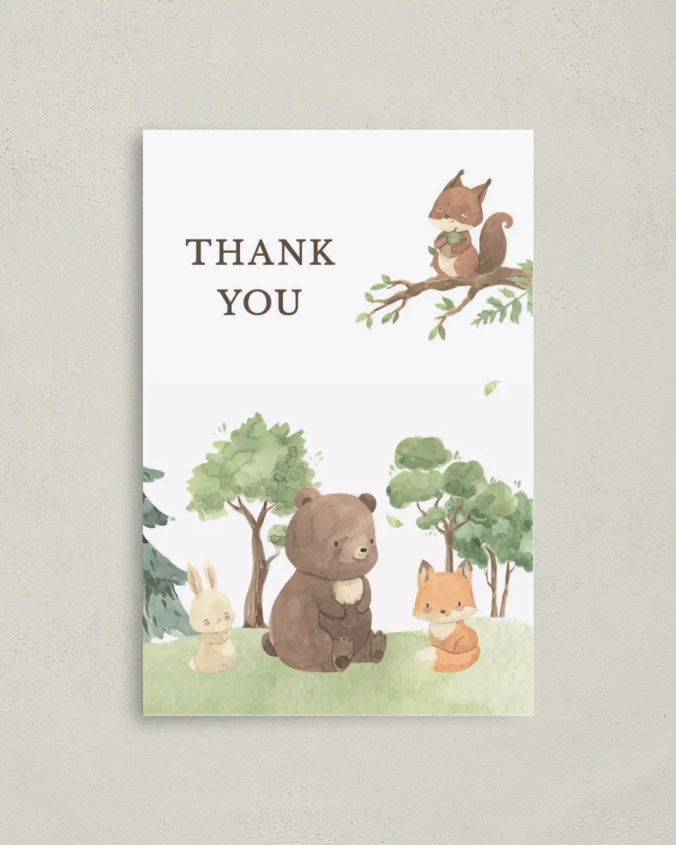 This is a 4" x 6" Folded Baby Shower Thank You Card called Woodland Scene printed in full color on Premium Smooth paper