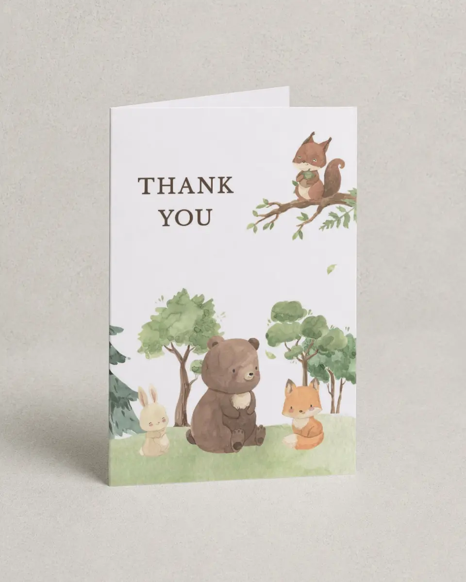This is a 4" x 6" Folded Baby Shower Thank You Card called Woodland Scene printed in full color on Premium Smooth paper