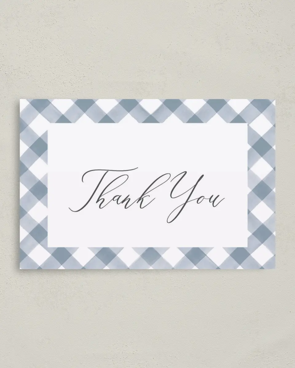 This is a 4" x 6" Folded Baby Shower Thank You Card called Checked Frame printed in full color on Premium Smooth paper