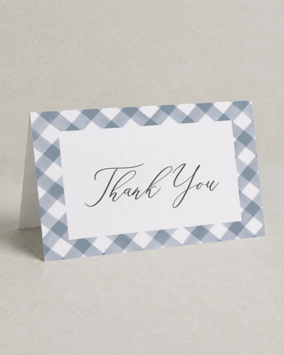 This is a 4" x 6" Folded Baby Shower Thank You Card called Checked Frame printed in full color on Premium Smooth paper