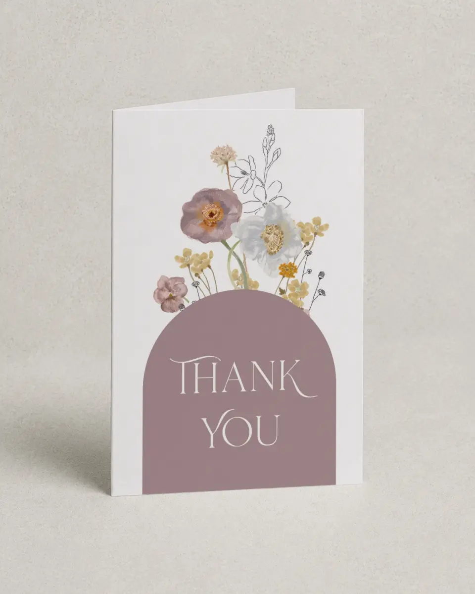 This is a 4" x 6" Folded Baby Shower Thank You Card called Little Wildflower printed in full color on Premium Smooth paper