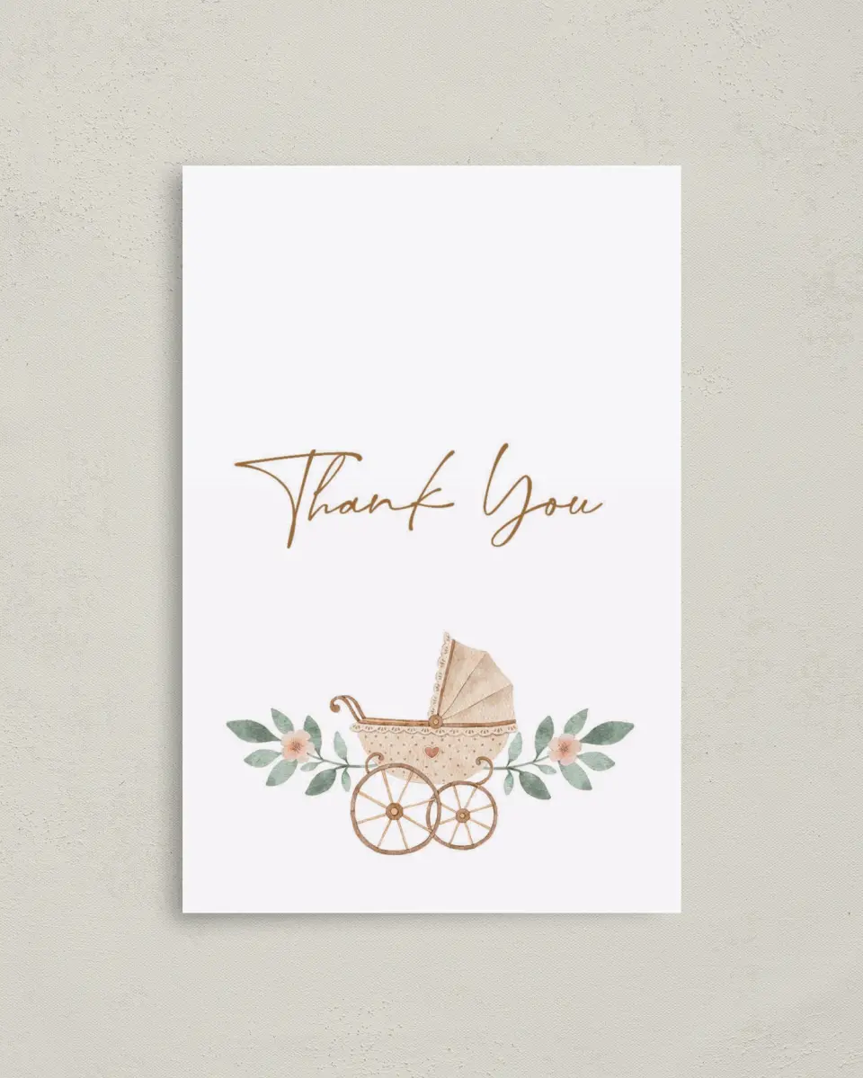 This is a 4" x 6" Folded Baby Shower Thank You Card called Petite Carriage printed in full color on Premium Smooth paper