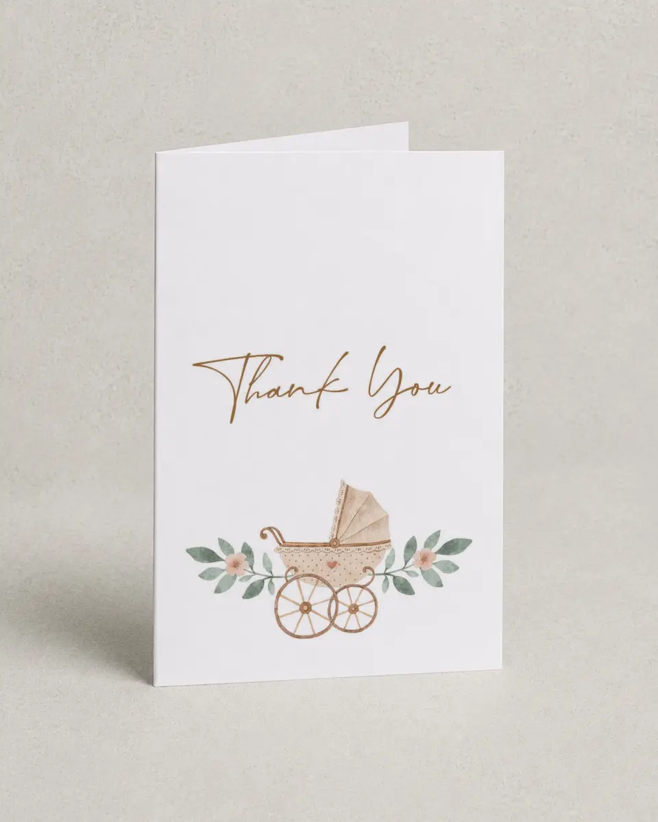 This is a 4" x 6" Folded Baby Shower Thank You Card called Petite Carriage printed in full color on Premium Smooth paper