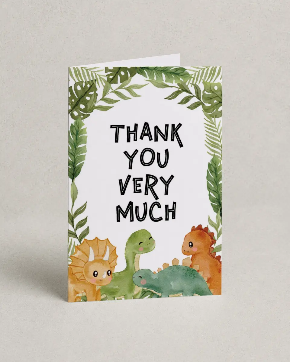 This is a 4" x 6" Folded Baby Shower Thank You Card called Roaring Baby printed in full color on Premium Smooth paper