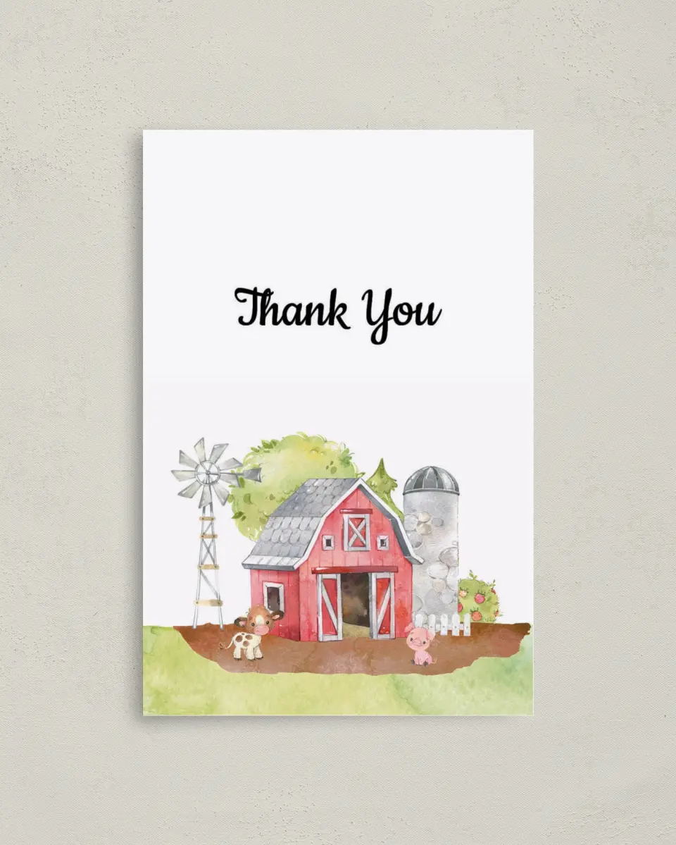This is a 4" x 6" Folded Baby Shower Thank You Card called On the Farm printed in full color on Premium Smooth paper