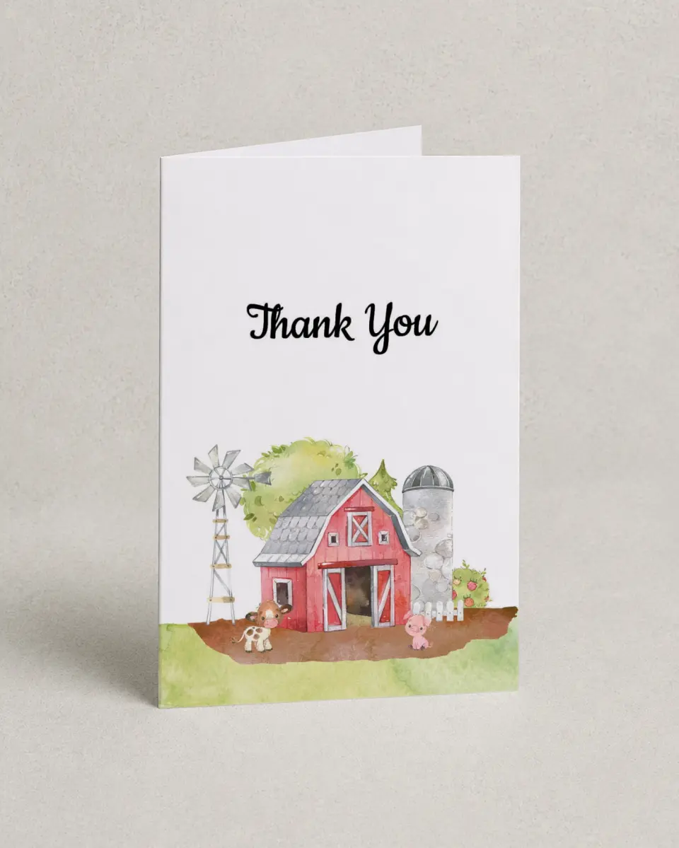 This is a 4" x 6" Folded Baby Shower Thank You Card called On the Farm printed in full color on Premium Smooth paper