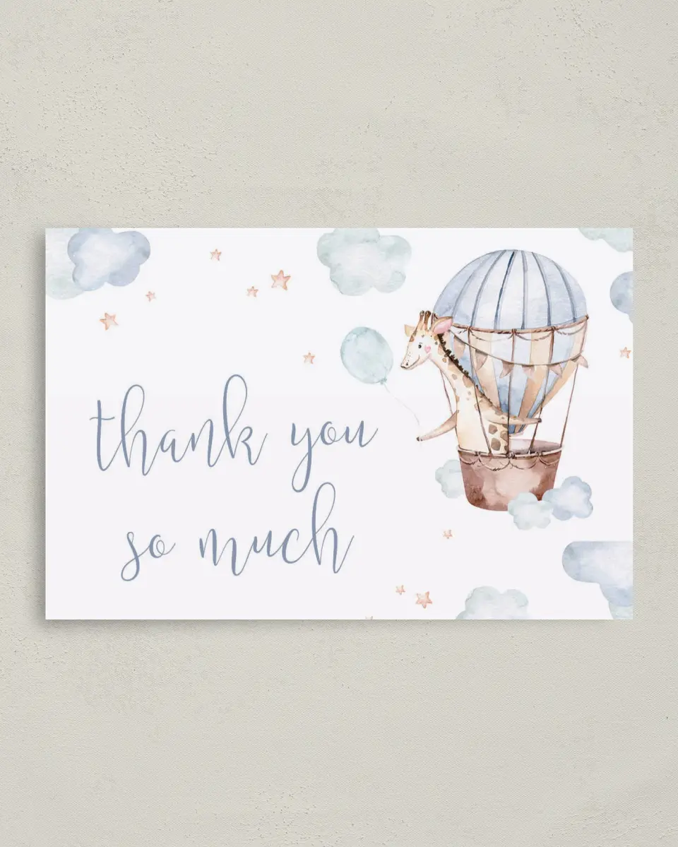 This is a 4" x 6" Folded Baby Shower Thank You Card called Baby Balloon Ride printed in full color on Premium Smooth paper