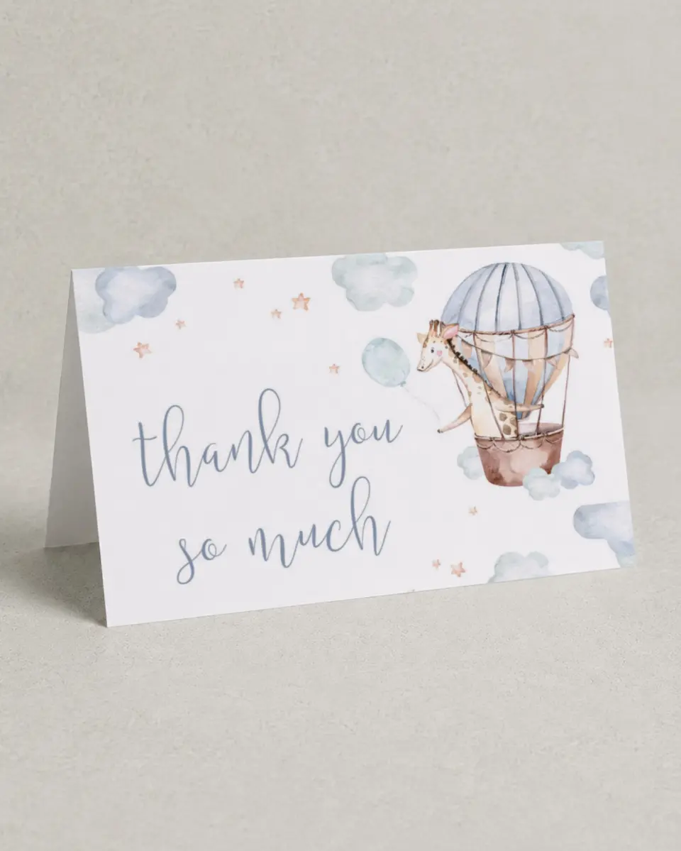 This is a 4" x 6" Folded Baby Shower Thank You Card called Baby Balloon Ride printed in full color on Premium Smooth paper
