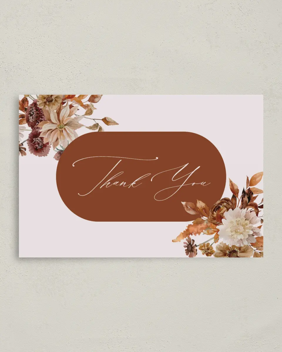 This is a 4" x 6" Folded Baby Shower Thank You Card called Autumn Shower printed in full color on Premium Smooth paper