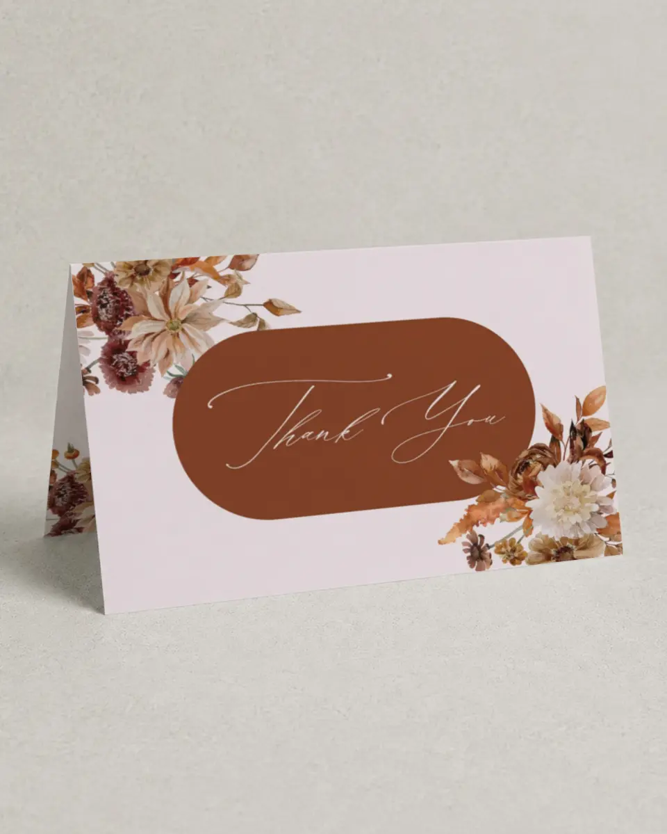 This is a 4" x 6" Folded Baby Shower Thank You Card called Autumn Shower printed in full color on Premium Smooth paper
