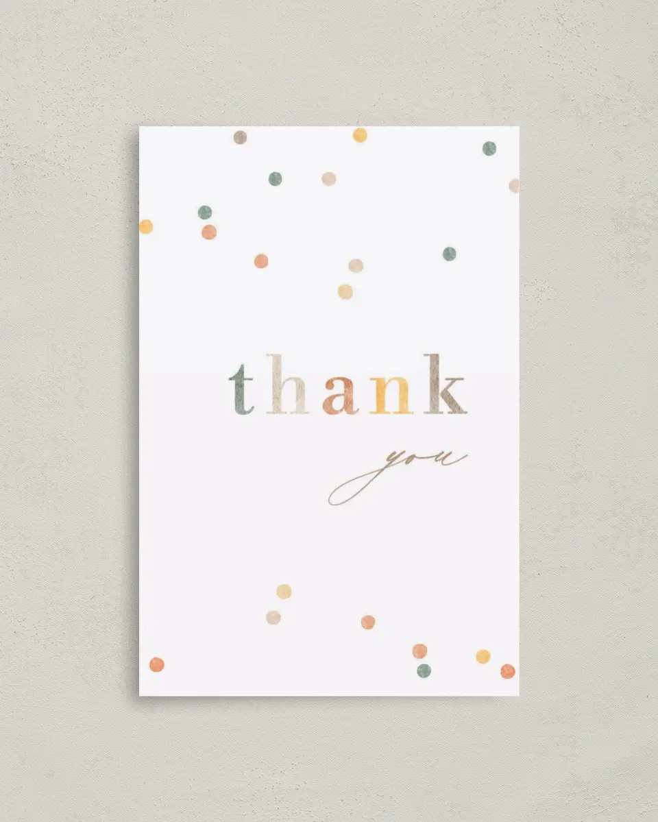 This is a 4" x 6" Folded Baby Shower Thank You Card called Cute Confetti printed in full color on Premium Smooth paper