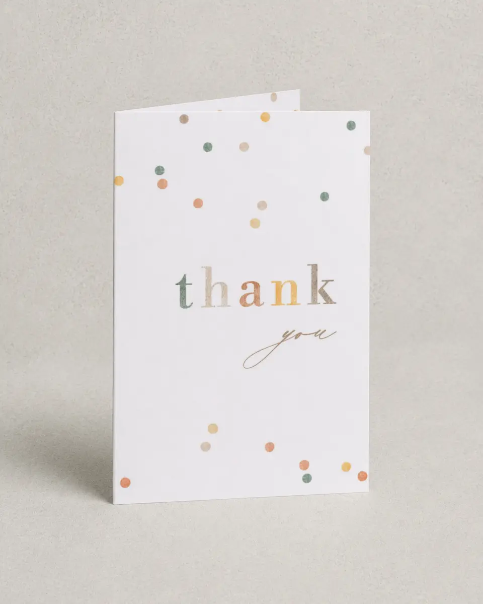 This is a 4" x 6" Folded Baby Shower Thank You Card called Cute Confetti printed in full color on Premium Smooth paper