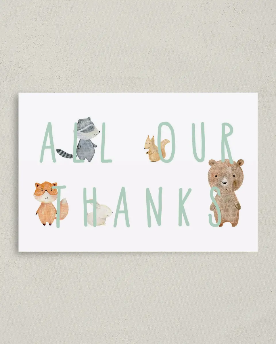 This is a 4" x 6" Folded Baby Shower Thank You Card called Creature Peek printed in full color on Premium Smooth paper