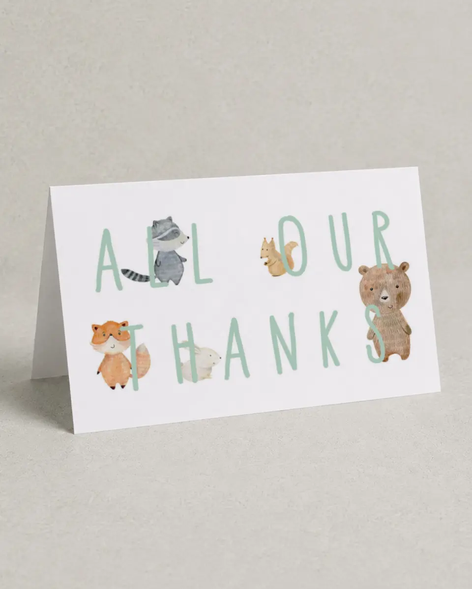 This is a 4" x 6" Folded Baby Shower Thank You Card called Creature Peek printed in full color with Gold foil on Luxe Satin (coated) paper