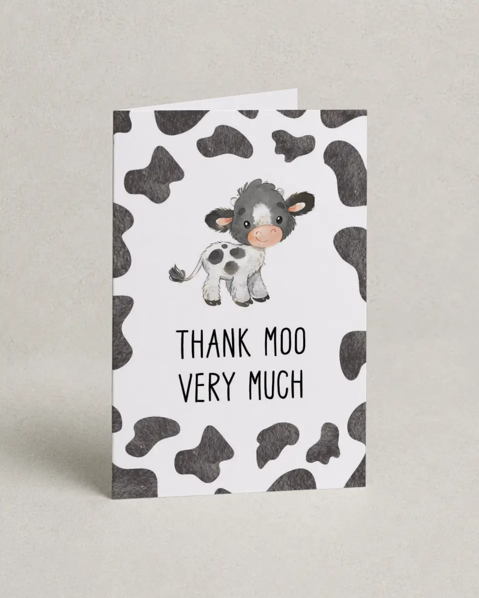 This is a 4" x 6" Folded Baby Shower Thank You Card called Modern Moo printed in full color on Premium Smooth paper