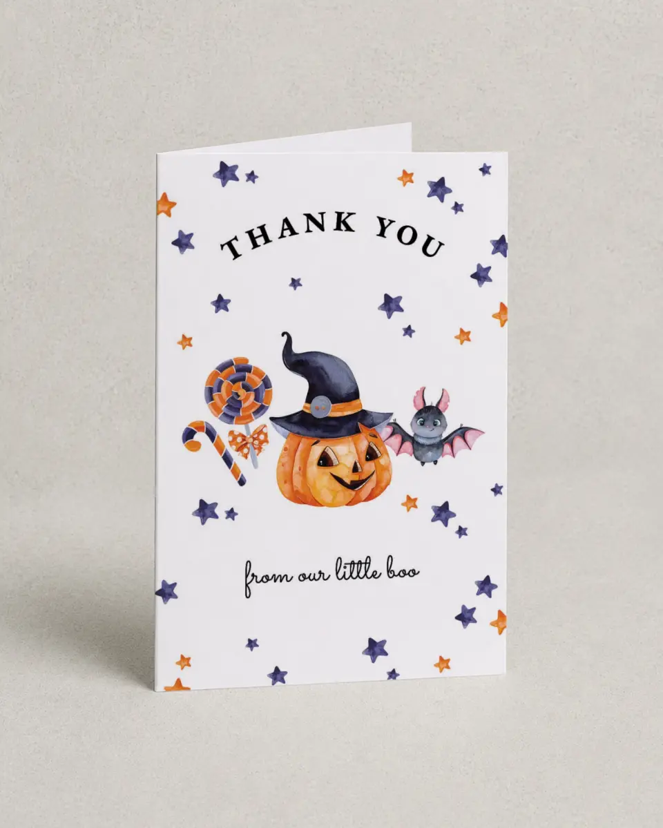This is a 4" x 6" Folded Baby Shower Thank You Card called Little Boo printed in full color on Premium Smooth paper