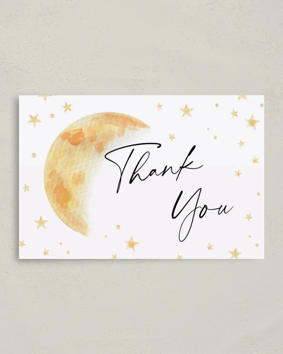 This is a 4" x 6" Folded Baby Shower Thank You Card called Over the Moon printed in full color on Premium Smooth paper