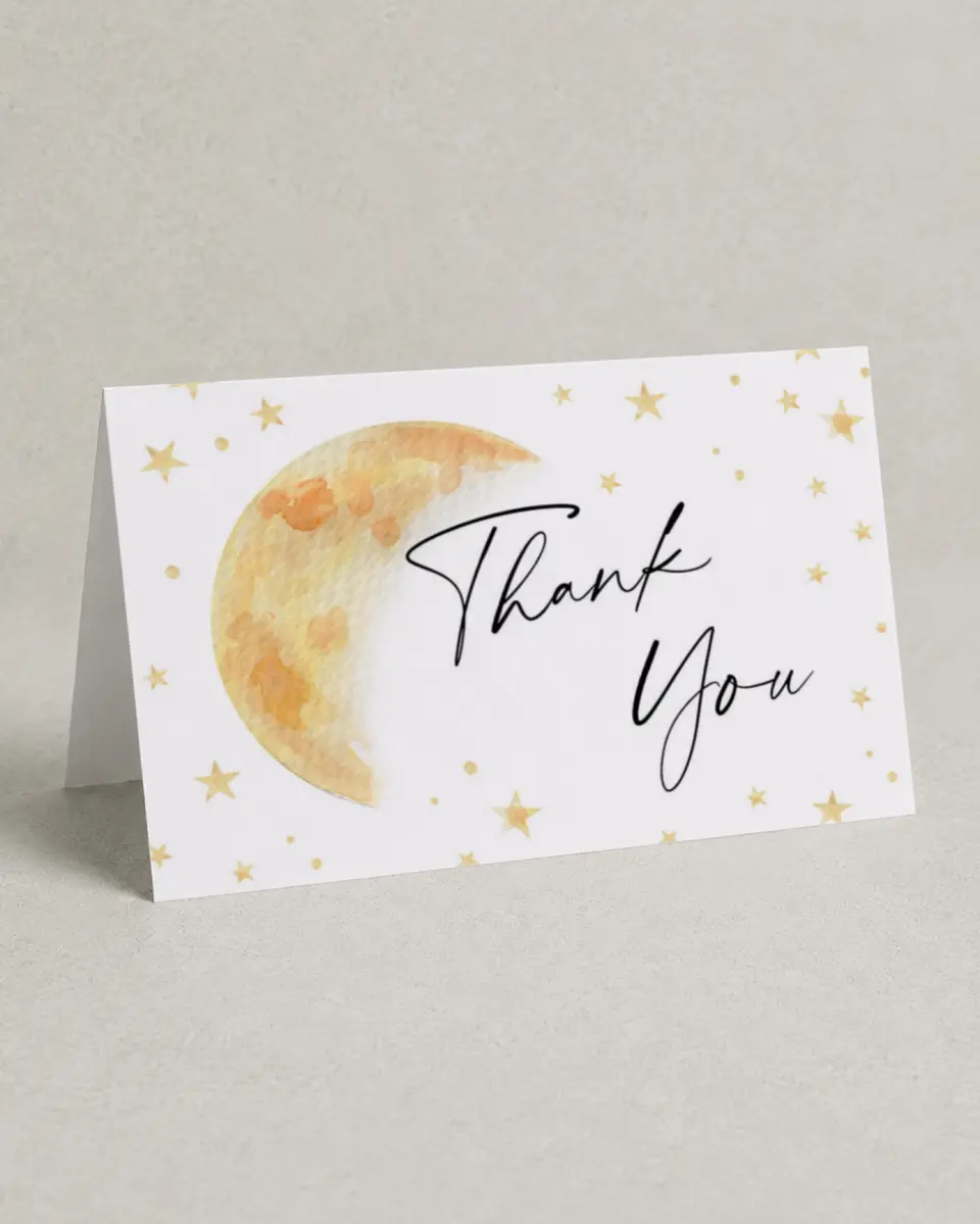 This is a 4" x 6" Folded Baby Shower Thank You Card called Over the Moon printed in full color on Premium Smooth paper