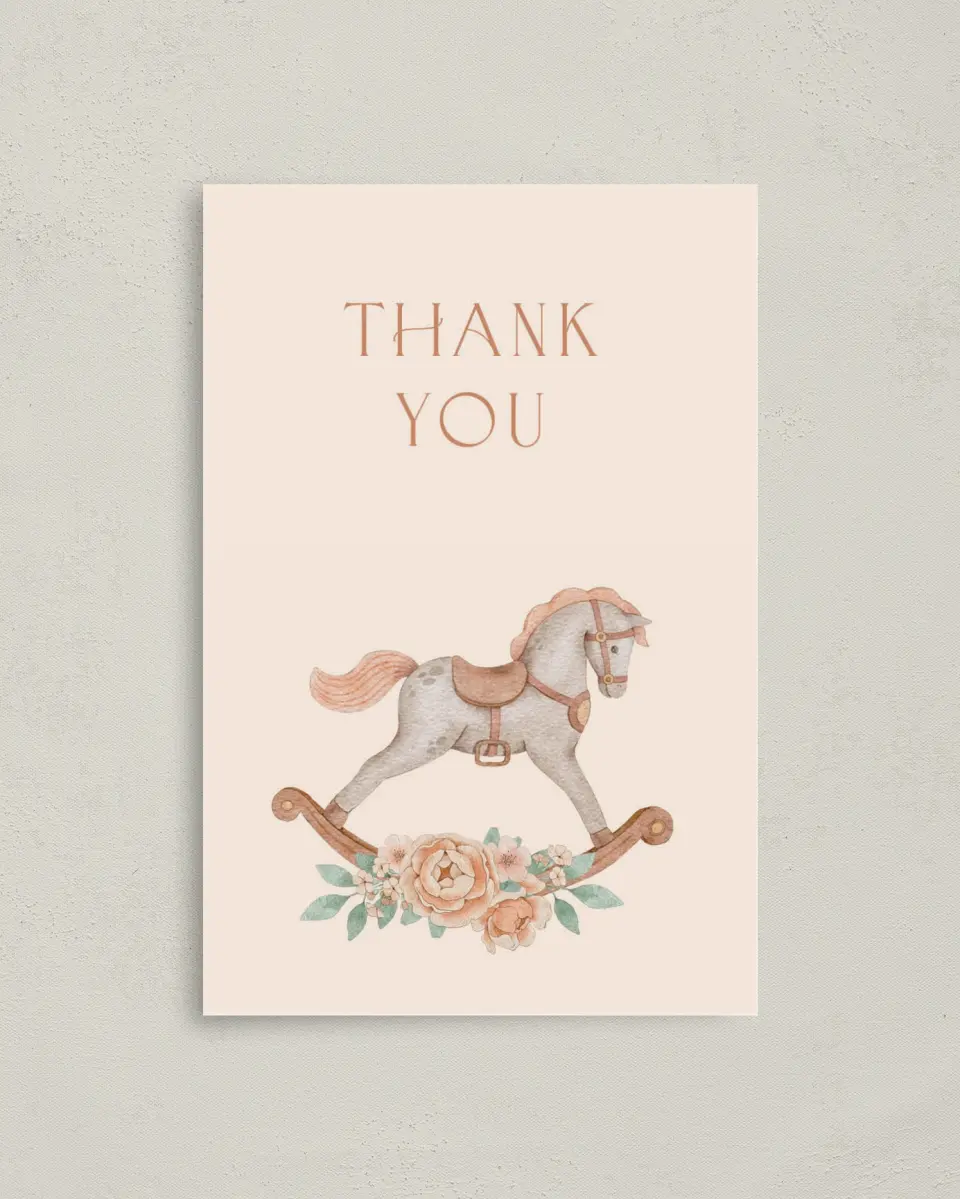 This is a 4" x 6" Folded Baby Shower Thank You Card called Rocking Horse printed in full color on Premium Smooth paper