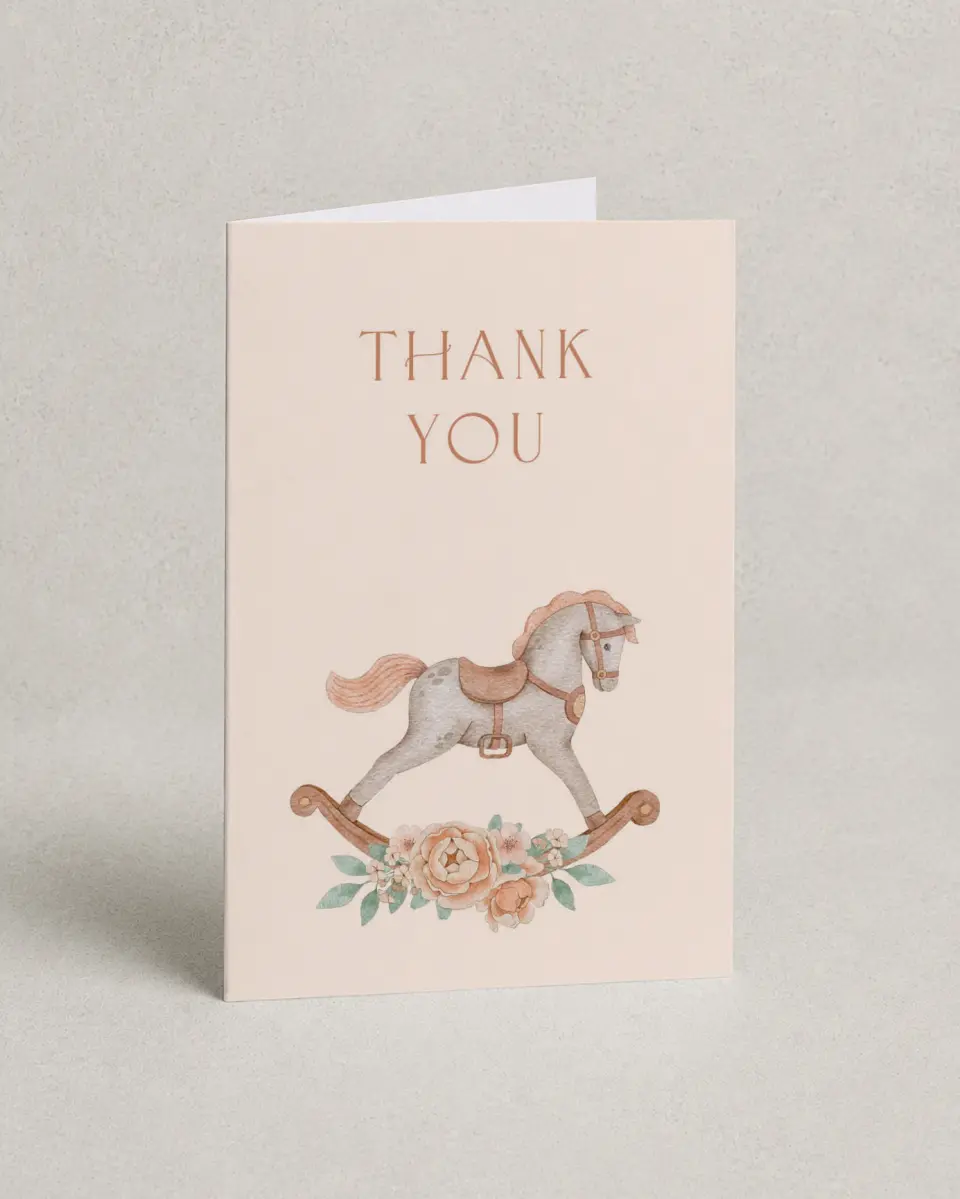 This is a 4" x 6" Folded Baby Shower Thank You Card called Rocking Horse printed in full color on Premium Smooth paper