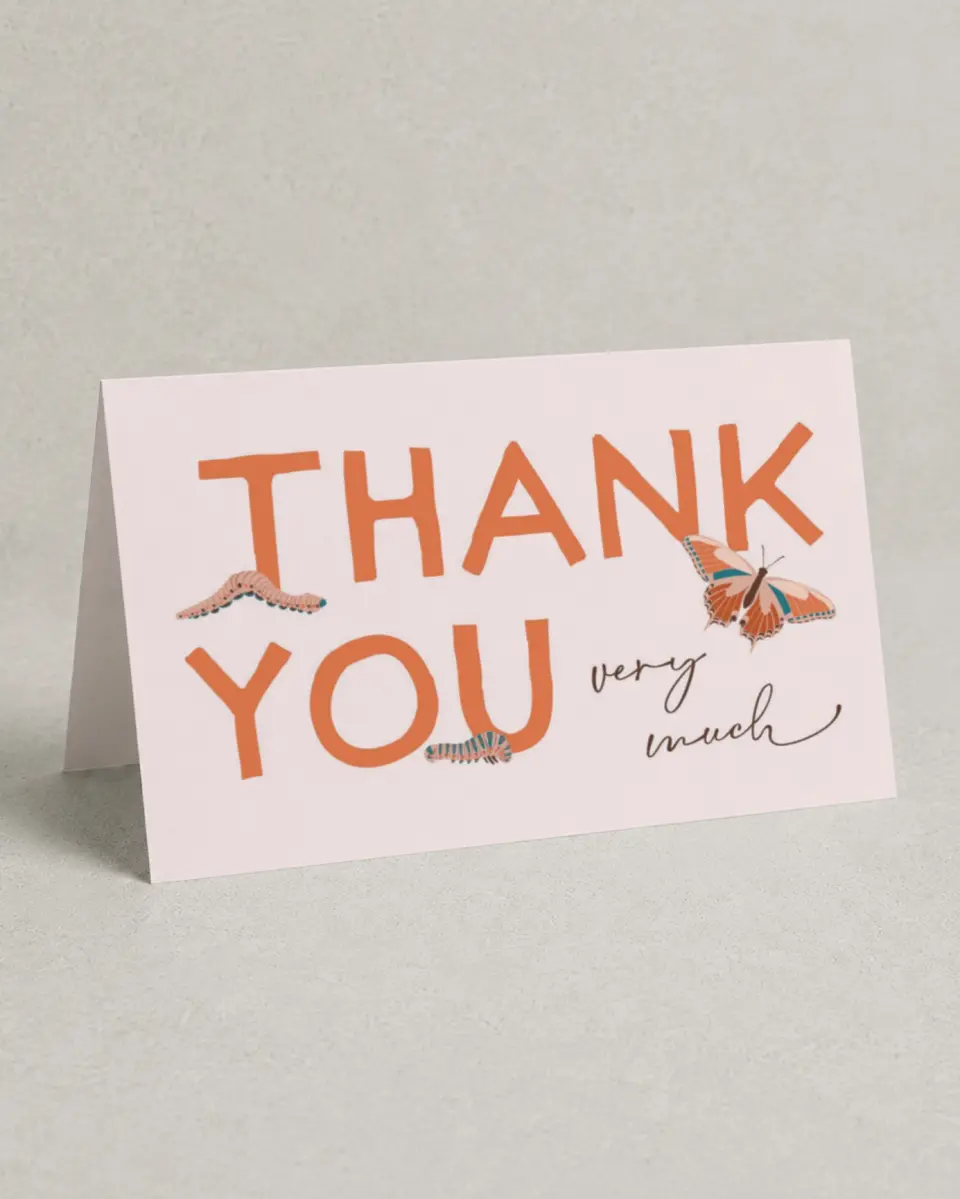 This is a 4" x 6" Folded Baby Shower Thank You Card called Little Bug printed in full color on Premium Smooth paper