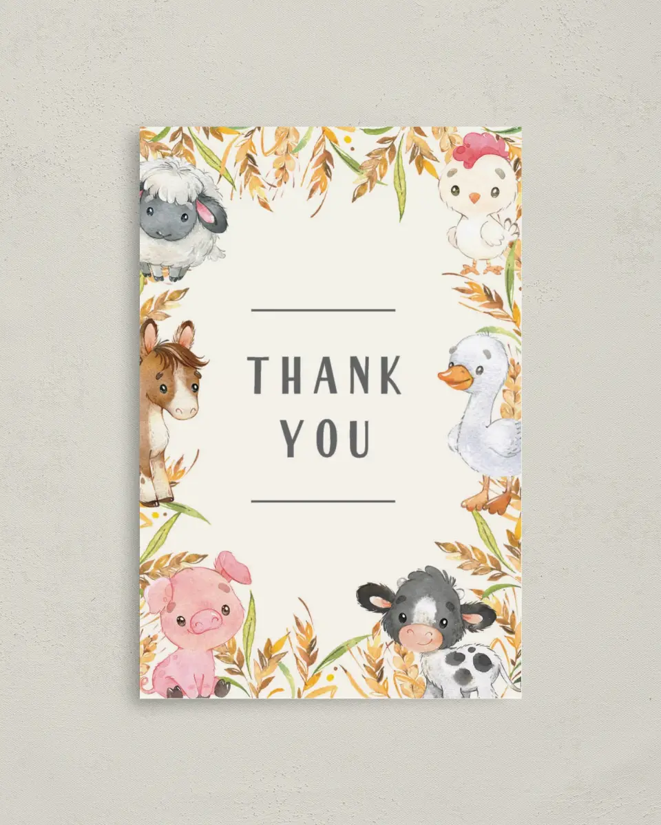 This is a 4" x 6" Folded Baby Shower Thank You Card called Farm Frame printed in full color on Premium Smooth paper