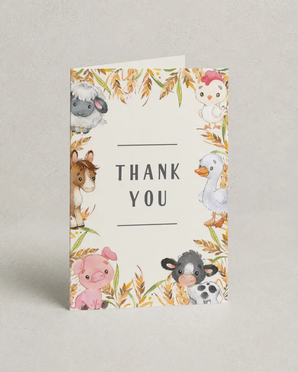 This is a 4" x 6" Folded Baby Shower Thank You Card called Farm Frame printed in full color on Premium Smooth paper