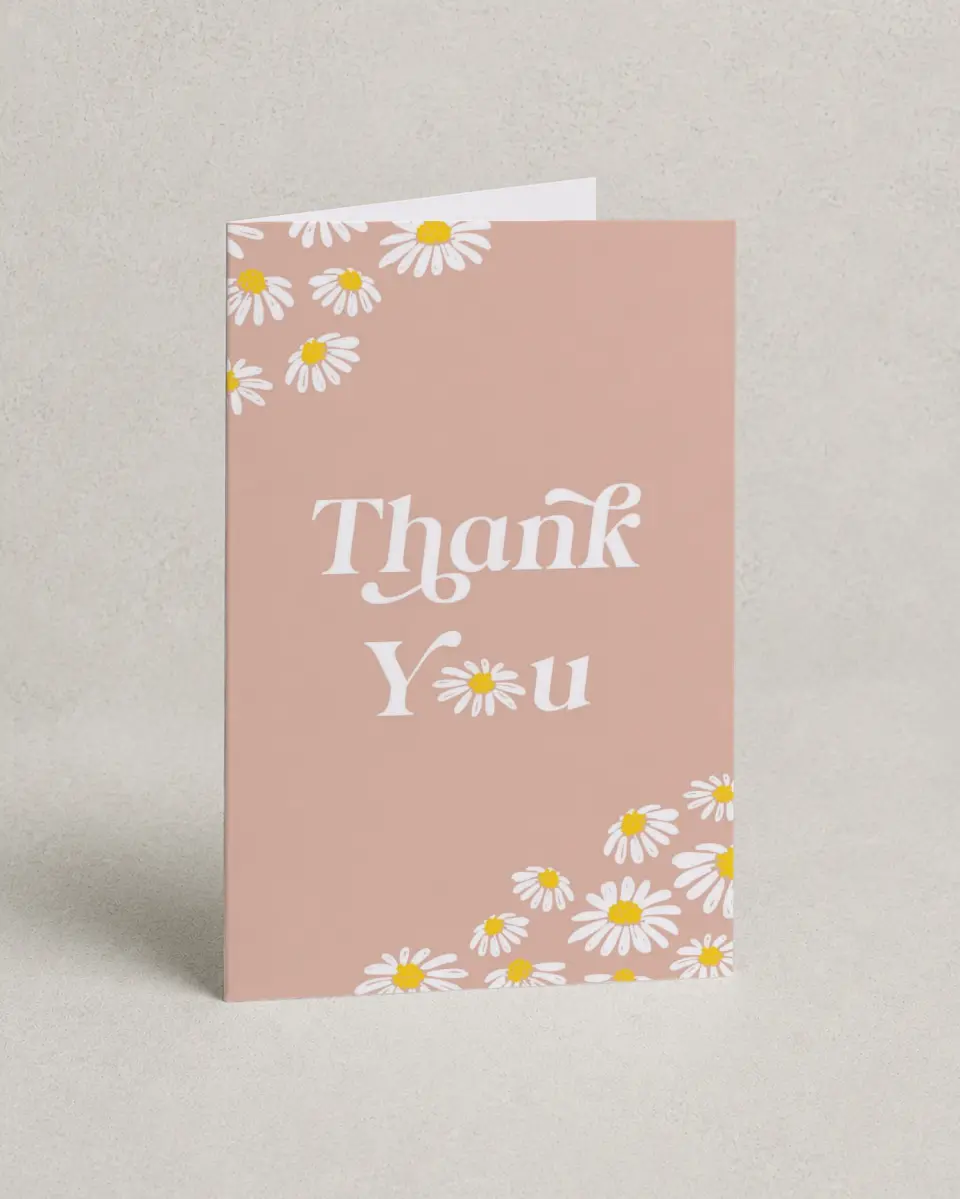 This is a 4" x 6" Folded Baby Shower Thank You Card called Daisy Crazy printed in full color on Premium Smooth paper