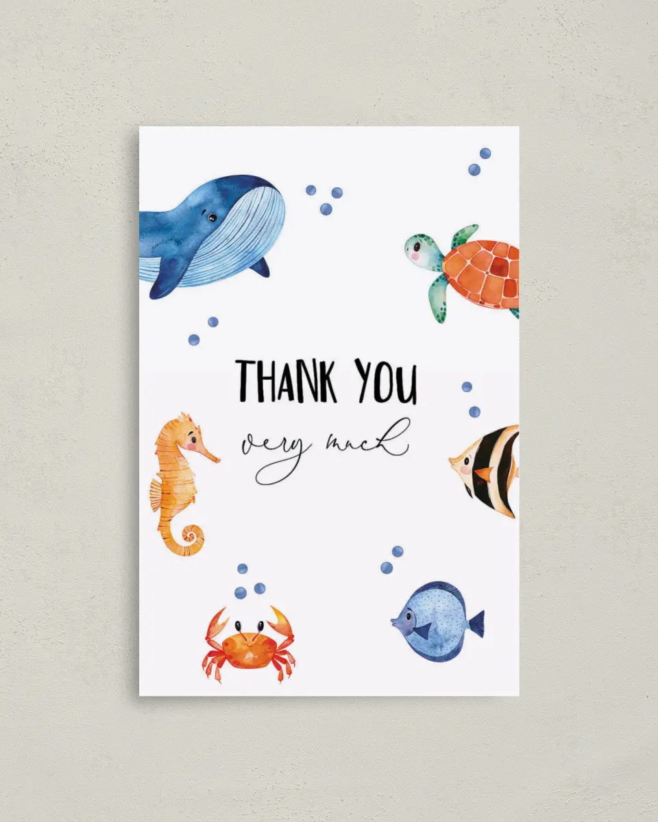 This is a 4" x 6" Folded Baby Shower Thank You Card called Submerged Shower printed in full color on Premium Smooth paper