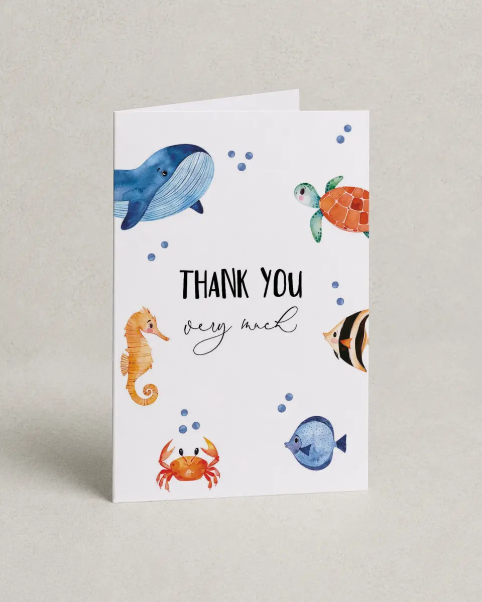 This is a 4" x 6" Folded Baby Shower Thank You Card called Submerged Shower printed in full color on Premium Smooth paper