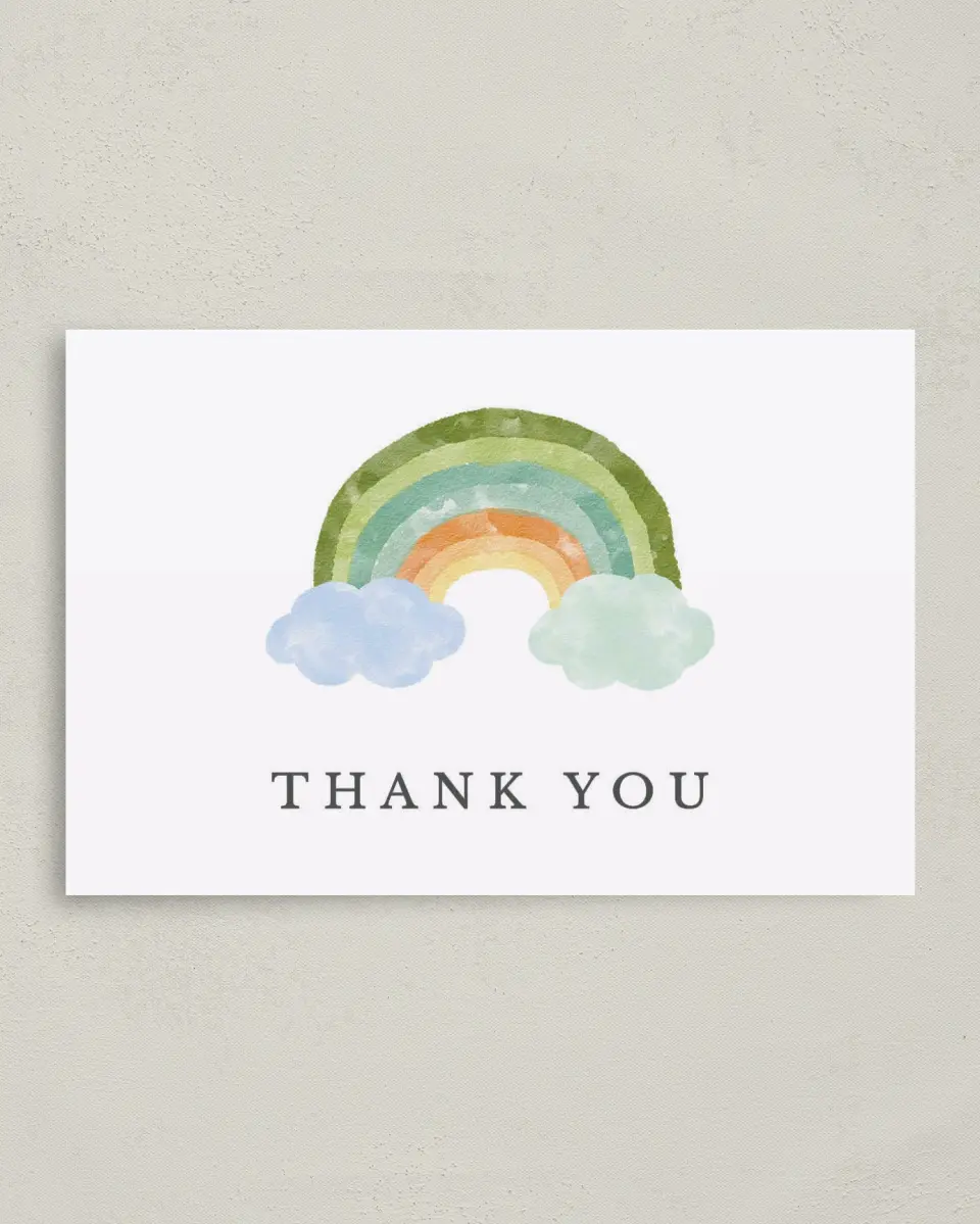 This is a 4" x 6" Folded Baby Shower Thank You Card called Rainbow Baby printed in full color on Premium Smooth paper